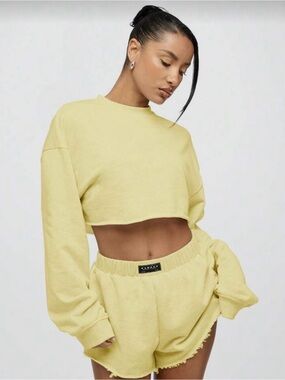 Yellow two piece set cropped longsleeve and shorts